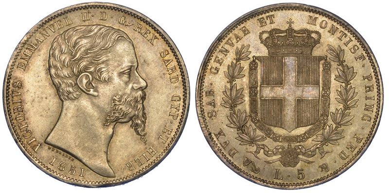 REGNO DI SARDEGNA. VITTORIO EMANUELE II DI SAVOIA, 1849-1861. 5 Lire 1851. Genova.  - Auction Numismatics - II - Cambi Casa d'Aste