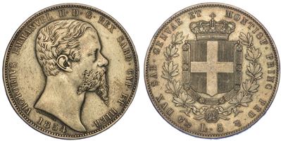 Regno di Sardegna. Vittorio Emanuele II di Savoia, 1849-1861. 5 Lire 1854. Genova.