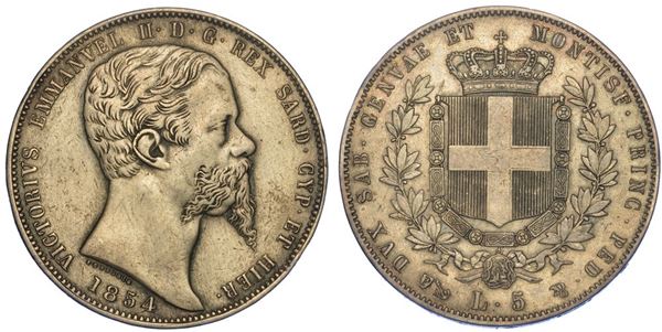 REGNO DI SARDEGNA. VITTORIO EMANUELE II DI SAVOIA, 1849-1861. 5 Lire 1854. Genova.