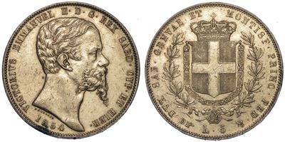 Regno di Sardegna. Vittorio Emanuele II di Savoia, 1849-1861. 5 Lire 1854. Torino.