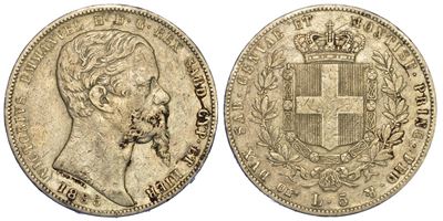 Regno di Sardegna. Vittorio Emanuele II di Savoia, 1849-1861. 5 Lire 1855. Torino.