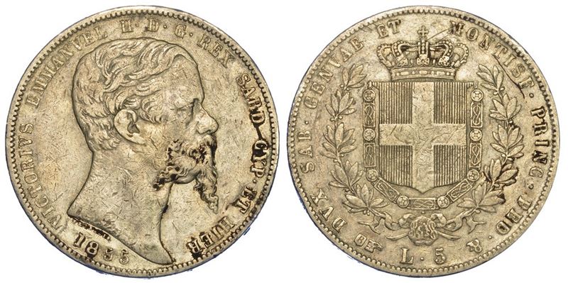 REGNO DI SARDEGNA. VITTORIO EMANUELE II DI SAVOIA, 1849-1861. 5 Lire 1855. Torino.  - Auction Numismatics - II - Cambi Casa d'Aste