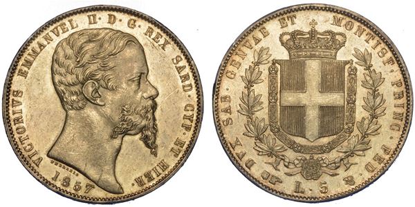 REGNO DI SARDEGNA. VITTORIO EMANUELE II DI SAVOIA, 1849-1861. 5 Lire 1857. Torino