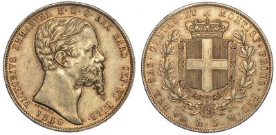 Regno di Sardegna. Vittorio Emanuele II di Savoia, 1849-1861. 5 Lire 1859. Genova.