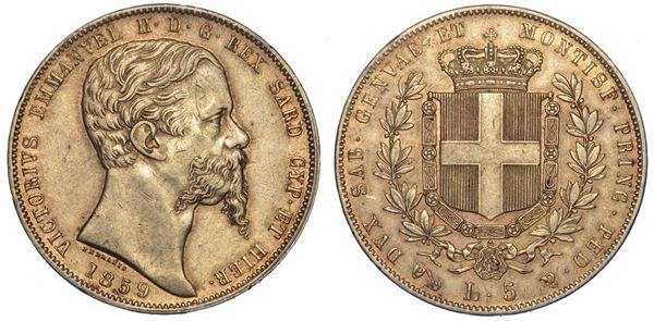REGNO DI SARDEGNA. VITTORIO EMANUELE II DI SAVOIA, 1849-1861. 5 Lire 1859. Genova.