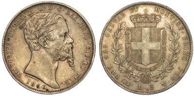 Regno di Sardegna. Vittorio Emanuele II di Savoia, 1849-1861. 5 Lire 1860. Torino.