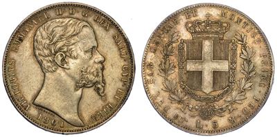 Regno di Sardegna. Vittorio Emanuele II di Savoia, 1849-1861. 5 Lire 1861. Torino.