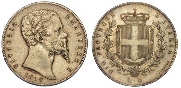 RE ELETTO. VITTORIO EMANUELE II DI SAVOIA, 1859-1861. 5 Lire 1859. Bologna.