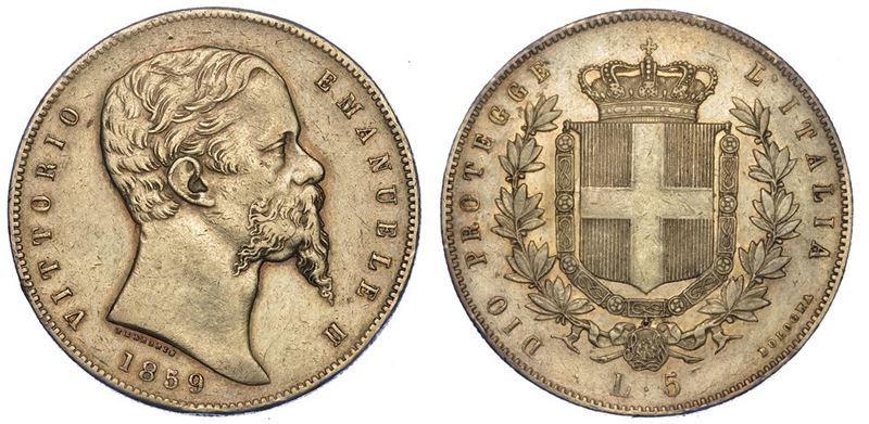 RE ELETTO. VITTORIO EMANUELE II DI SAVOIA, 1859-1861. 5 Lire 1859. Bologna.  - Asta Numismatica - II - Cambi Casa d'Aste