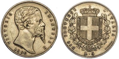 Re Eletto. Vittorio Emanuele II di Savoia, 1859-1861. 5 Lire 1860. Bologna.