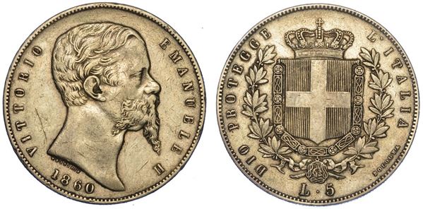 RE ELETTO. VITTORIO EMANUELE II DI SAVOIA, 1859-1861. 5 Lire 1860. Bologna.