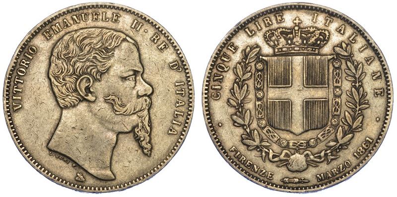 REGNO D'ITALIA. VITTORIO EMANUELE II DI SAVOIA, 1861-1878. 5 Lire 1861. Firenze  - Asta Numismatica - II - Cambi Casa d'Aste