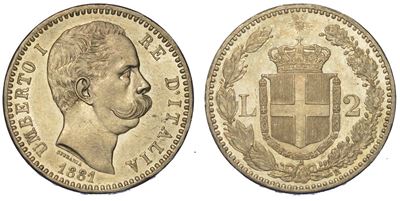 Regno D'italia. Umberto i di Savoia, 1878-1900. 2 Lire 1881.