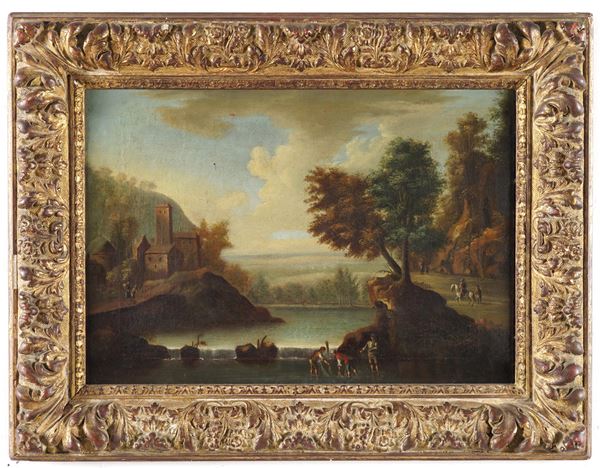 Scuola del XVIII secolo Paesaggio fluviale con contadini