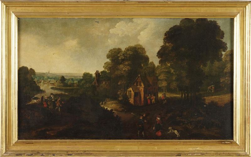 Scuola fiamminga del XVII secolo Paesaggio con villaggio e contadini  - olio su tela - Auction Old Masters - Cambi Casa d'Aste