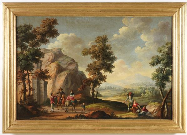 Scuola del XVIII secolo Paesaggio con contadini e viandanti