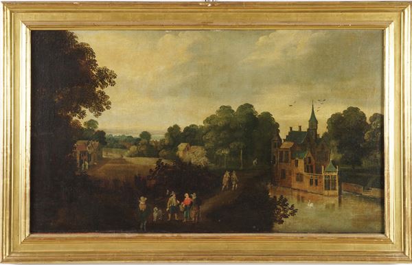 Scuola fiamminga del XVII secolo Veduta di città con figure