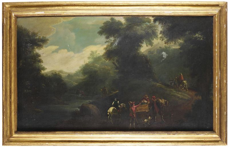 Scuola del XVIII secolo Paesaggio con contadini e viandanti  - olio su tela - Auction Old Masters - Cambi Casa d'Aste