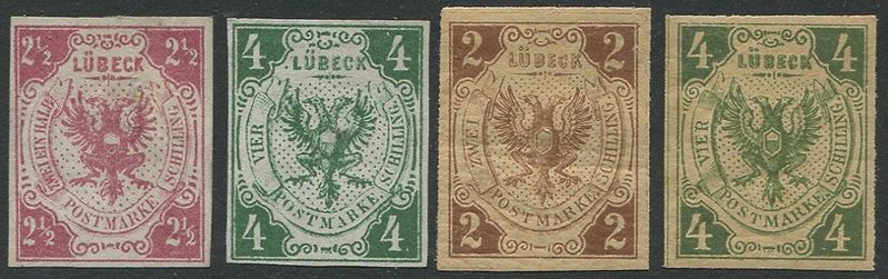 1872, Lubeck, Coat of Arms, set of 5 reprinted on paper unwatermarked  - Auction Postal History and Philately - Cambi Casa d'Aste