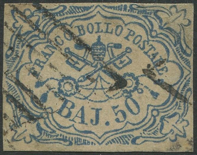 1852, Stato Pontificio, 50 baj azzurro  - Asta Storia Postale e Filatelia - Cambi Casa d'Aste