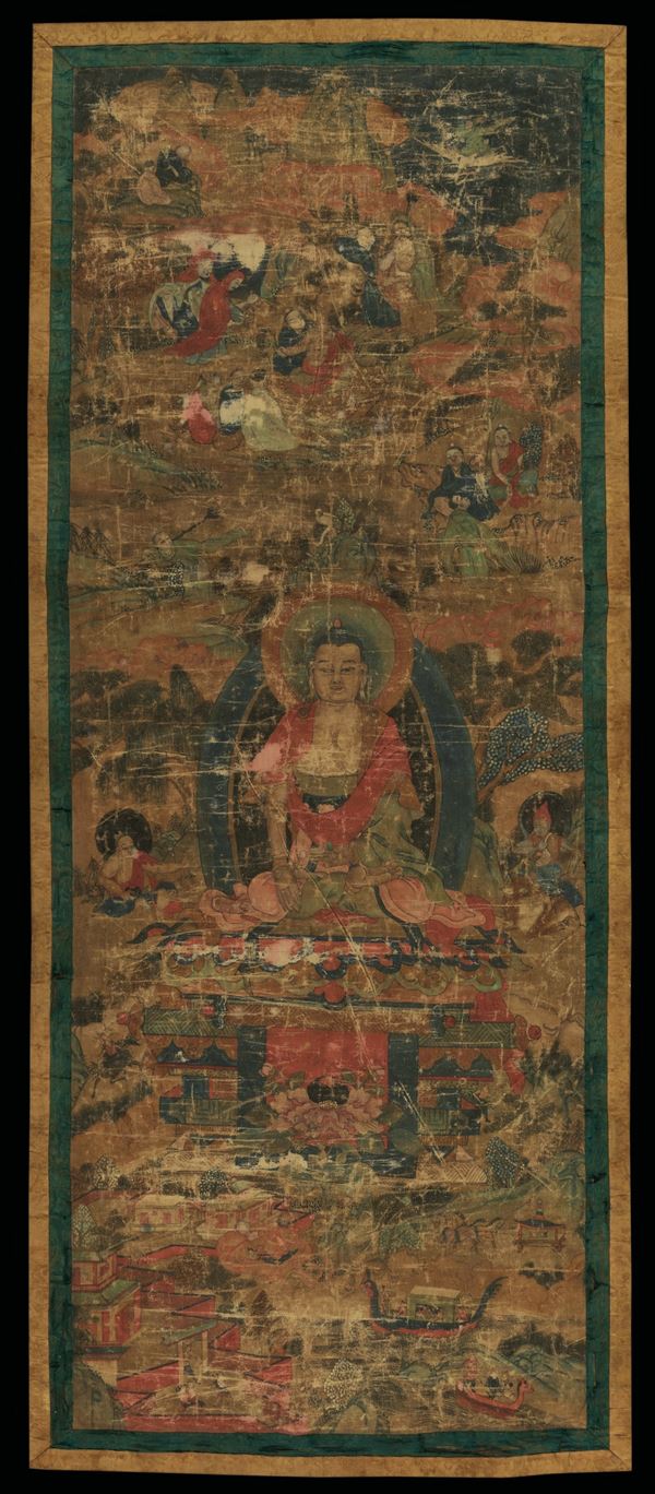 Thangka su seta con figura di Buddha Sakyamuni centrale e altre divinità, Tibet, XVIII secolo