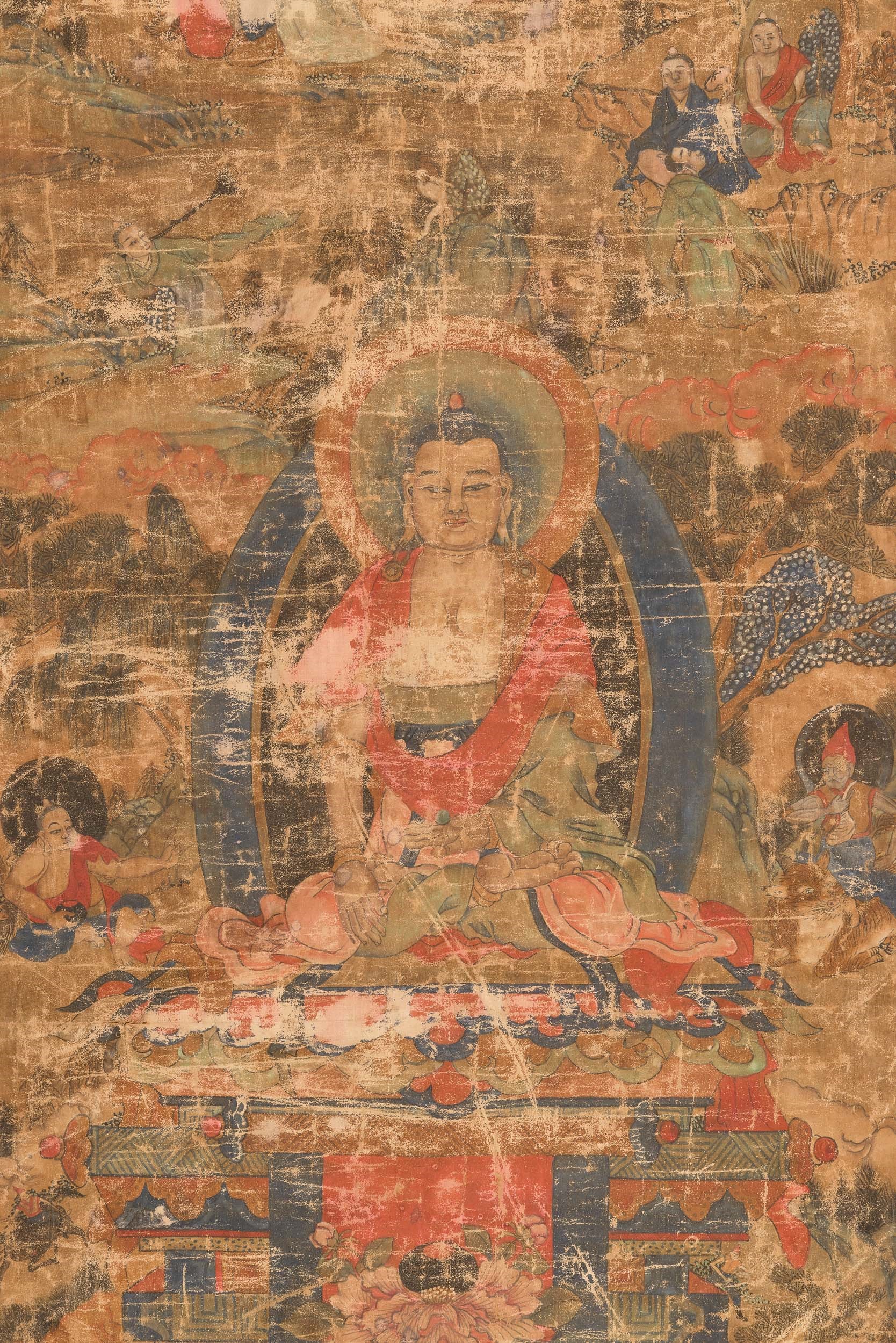 Thangka su seta con figura di Buddha Sakyamuni centrale e altre divinità, Tibet, XVIII secolo