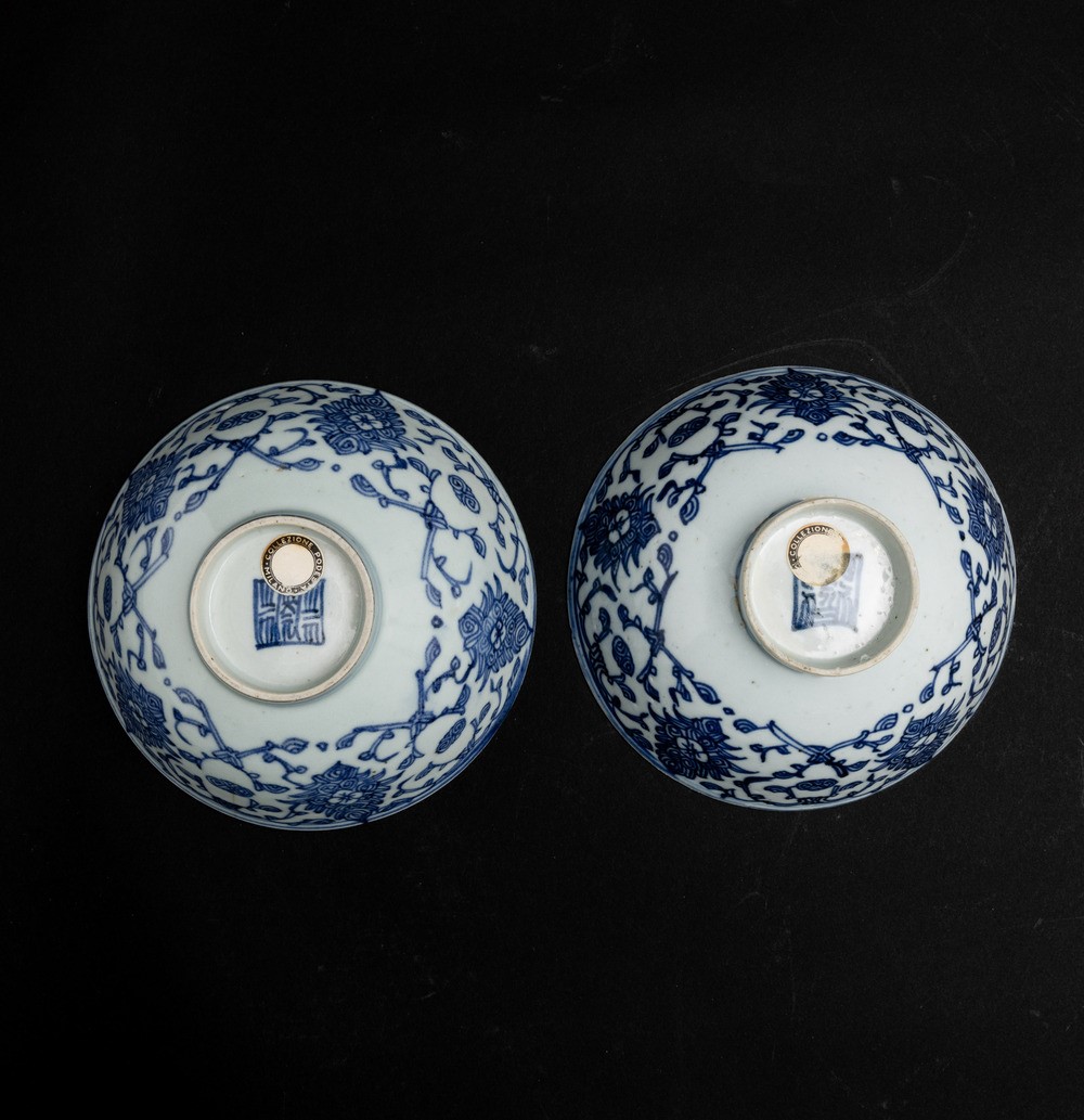 Coppia di Ciotole in Porcellana Bianca e Blu con Decori Floreali, Cina, Dinastia Qing, XIX Secolo
