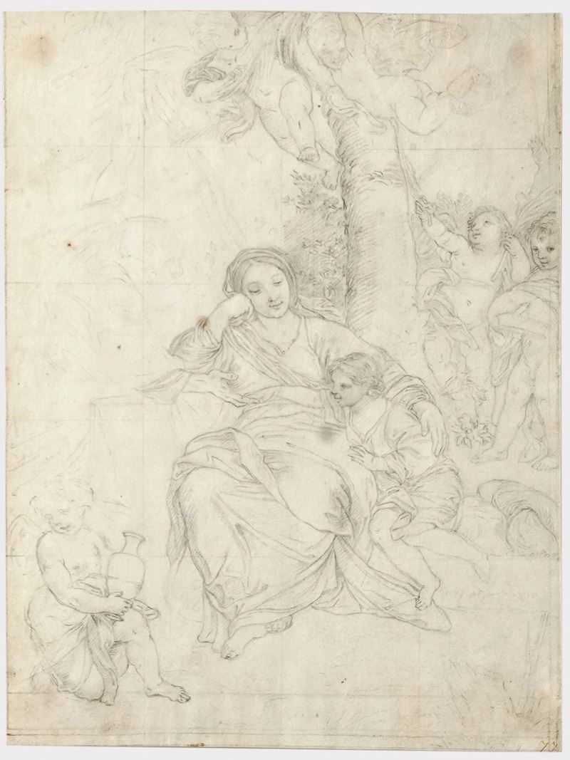 Carlo Maratta : (XIX secolo) Sacra Famiglia  - matita nera su carta - Asta Pittura Antica - Cambi Casa d'Aste