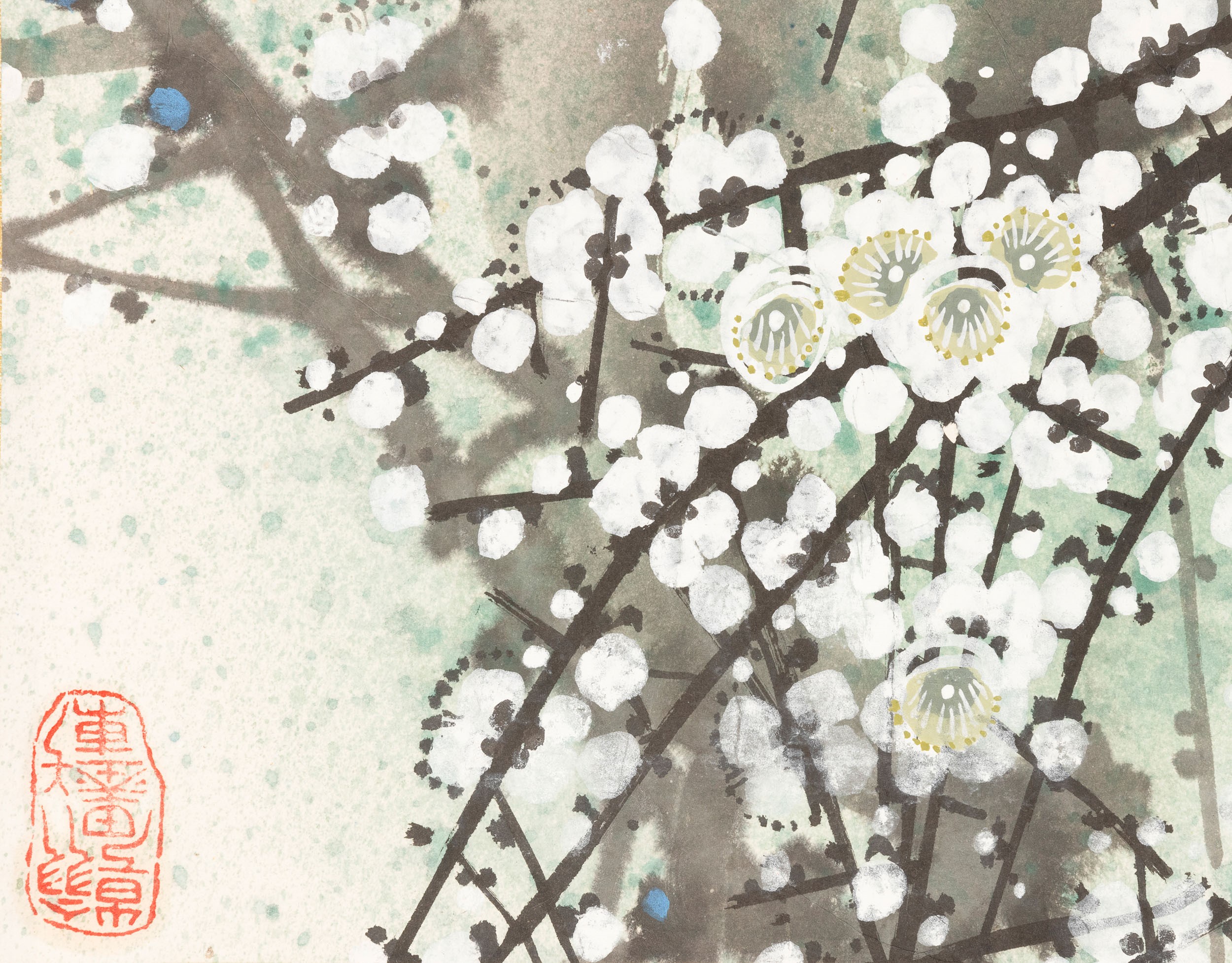 Scroll a decoro naturalistico con rami e fiori di ciliegio, Liang Ju, Cina, XX secolo