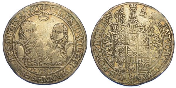 GERMANIA - SASSONIA. FRIEDRICH WILHELM UND JOHANN, 1573-1602. Thaler 1587.