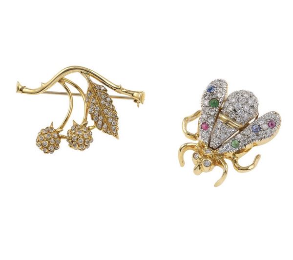 Two diamond and gem-set brooches