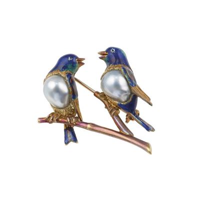 Spilla “uccellini” con Smalti Policromi e Perle Coltivate