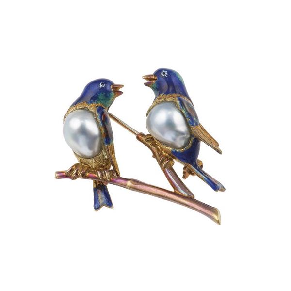 Spilla “uccellini” con smalti policromi e perle coltivate