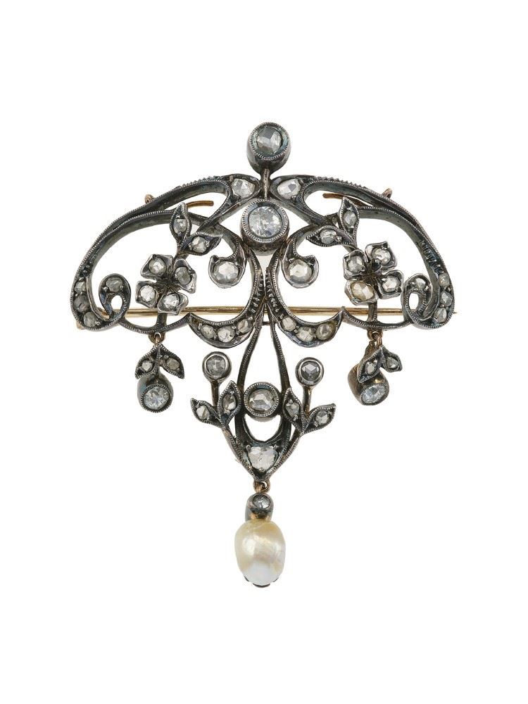Spilla con perla e diamanti di vecchio taglio  - Asta Fine Jewels - Cambi Casa d'Aste
