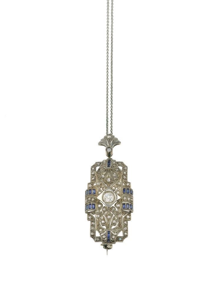 Diamond, synthetic sapphire and gold pendant/brooch  - Auction Jewels - Cambi Casa d'Aste