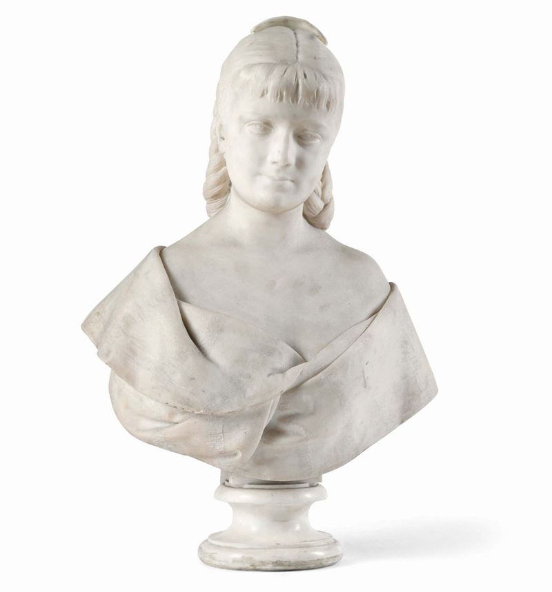 Ritratto di giovane donna. Adelaide Pandiani Maraini (Milano 1836 - Roma 1917). Roma, 1879. Firmata e datata sul retro "Adelaide Maraini Roma 1875"  - Asta Scultura e Oggetti d'Arte - Cambi Casa d'Aste