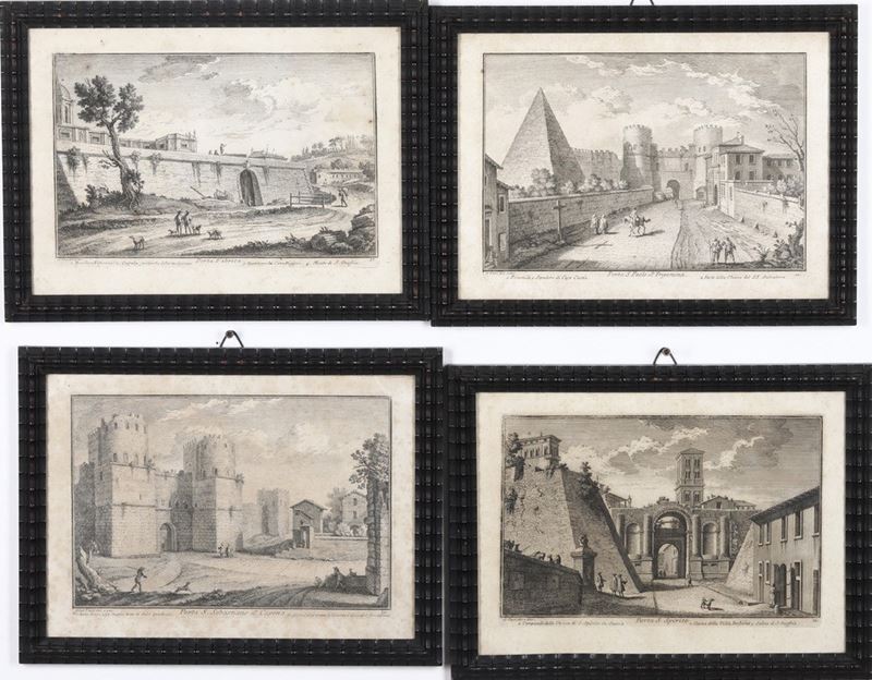 Giuseppe Vasi Quattro Vedute di Roma (Porta S.Sebastiano, Porta S.Spirito,Porta Fabrica, Porta S.Paolo)... Roma, 1754  - Asta Stampe, Vedute e Carte Geografiche - Cambi Casa d'Aste