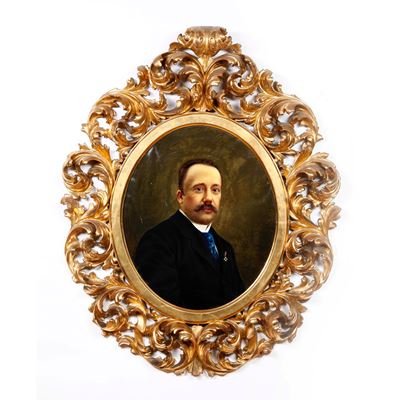 Cornice in Legno Intagliato e Dorato con Dipinto Ad Olio su Tela, Ritratto di Gentiluomo, a Firma...