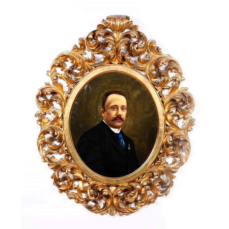 Cornice in legno intagliato e dorato con dipinto ad olio su tela, ritratto di gentiluomo, a firma C. E. Garofoli  - Auction Antiques - Cambi Casa d'Aste