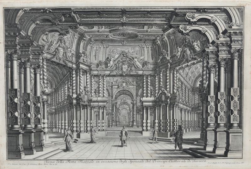 Johan Andreas Pfeffel Scena della festa teatrale in occasione degli sponsali del principe elettorale di Baviera (Augusta,1722)  - Auction Prints, Views and Maps - Cambi Casa d'Aste