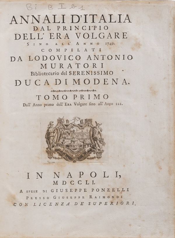 Muratori Ludovico Antonio Annali d’Italia dal principio dell’era volgare fino all’anno 1749... In Napoli, Giuseppe Ponzelli, 1751-1755