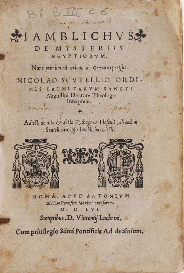 Giamblico - Scutelli Nicola De Mysteriis Aegytiorum. Roma, Antonio Blado, 1556