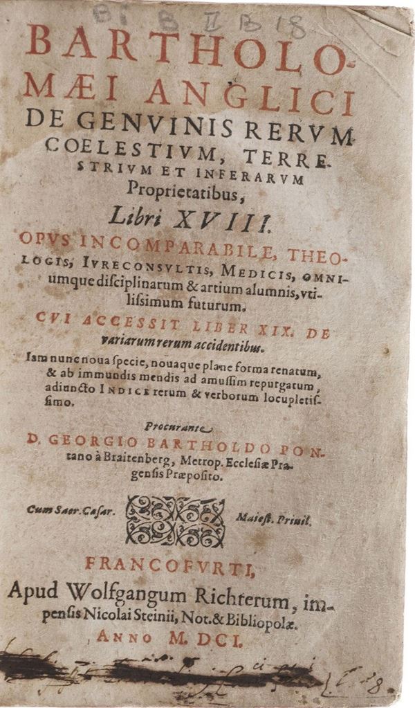Bartholomeus Anglicus Bartholomaei Anglici, De Genuinis Rerum  Coelestium terre stirpum et inferarum propietatibus, In Francoforte, 1601