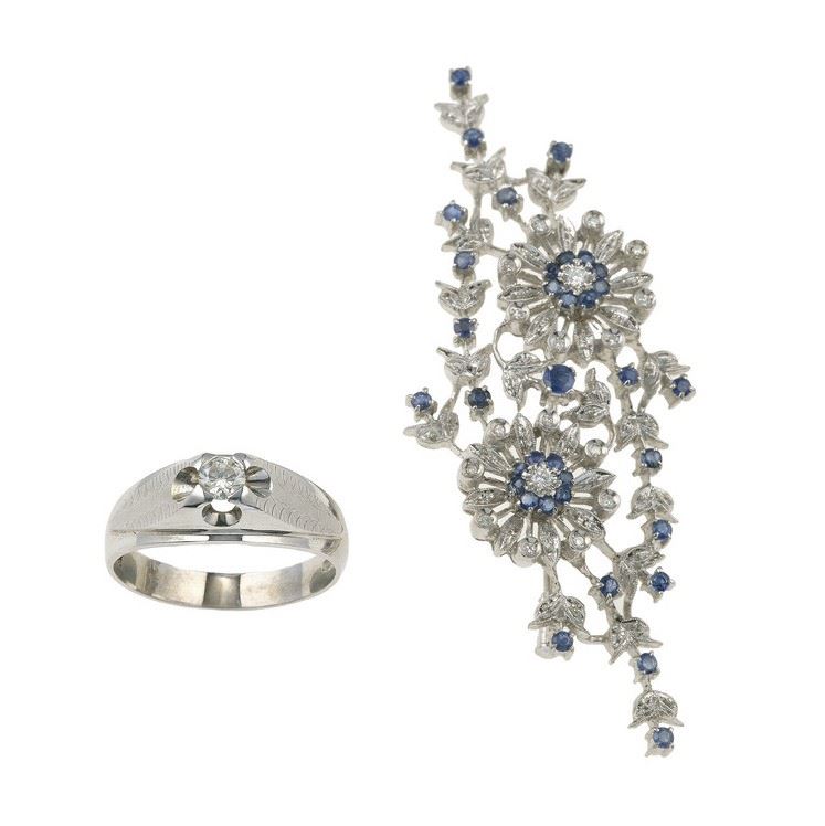 Diamond ring and diamond and sapphire brooch  - Auction Jewels - Cambi Casa d'Aste