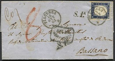 1862, Regno D’italia, Lettera da Piacenza per Bassano del 18 Ottobre 1862