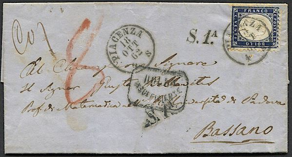 1862, Regno d’Italia, lettera da Piacenza per Bassano del 18 ottobre 1862
