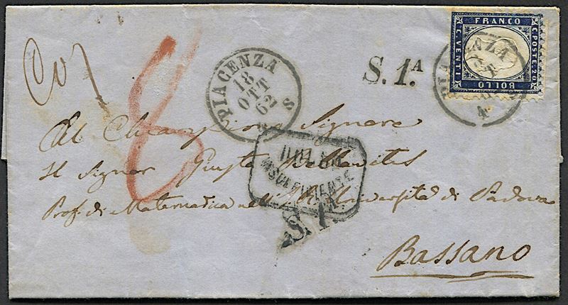 1862, Regno d’Italia, lettera da Piacenza per Bassano del 18 ottobre 1862  - Asta Filatelia - Cambi Casa d'Aste