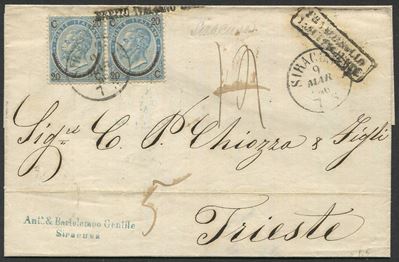 1866, Regno D’italia, Lettera da Siracusa per Trieste del 9 Marzo Affrancata con 2 Esemplari del ...
