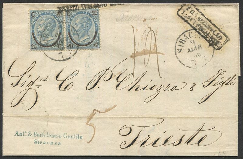 1866, Regno d’Italia, lettera da Siracusa per Trieste del 9 marzo 1866  - Auction Postal History and Philately - Cambi Casa d'Aste