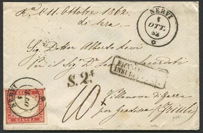 1862, Regno D’italia, Lettera da Nervi per Gradisca (friuli) del 5 Ottobre 1862